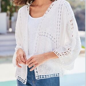 Liv Los Angeles White Cotton Crochet Lace Kimono Cape with Dolman Sleeves 1X